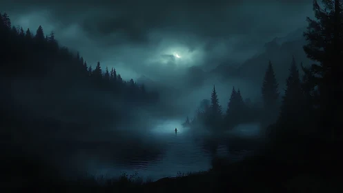 Solitary figure stands on misty lake under moonlit clouds