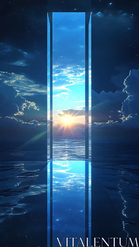 Luminous sky portal rises over tranquil cosmic ocean.