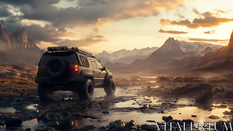 Off road SUV crossing wet rocky valley at golden sunset.