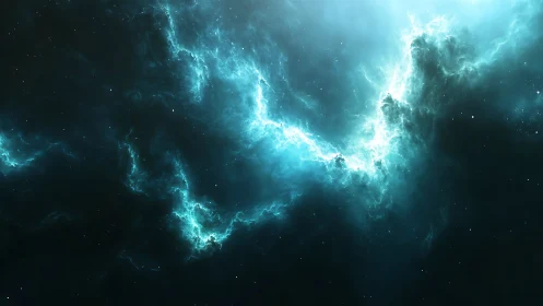 Electric teal nebula cloudscape across deep black space.