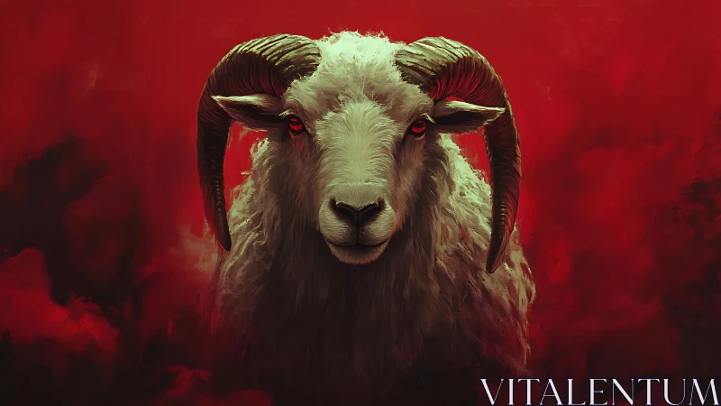 Horned white ram faces viewer against dark red clouds.