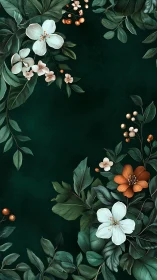 Botanical Composition with Layered Florals and Berries Against Deep Teal Background