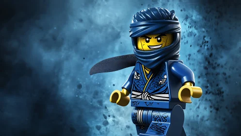 Blue plastic ninja minifigure in action on smoky backdrop.