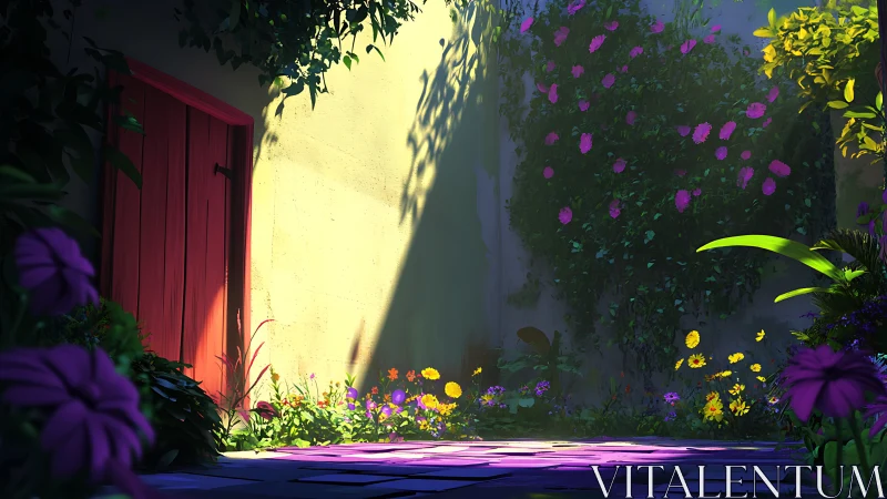 Sunlit courtyard secret with crimson door and whispering blooms.