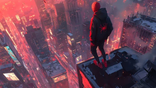 Spider-themed figure observing dense neon cityscape at dusk.