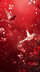 Dancing Birds Among Luminous Flowers on Crimson Background.