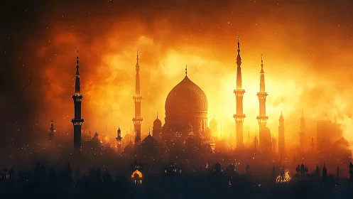 Ember-wreathed domes whisper twilight prayers in firelit haze