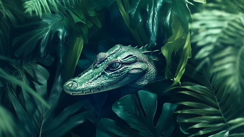 Crocodile head emerges through dense tropical jungle foliage