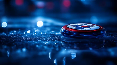 Hockey puck on wet ice in blue arena lighting.
