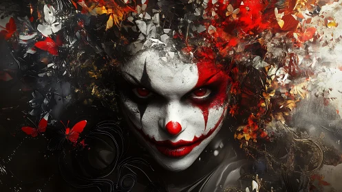 Sinister clown portrait merges face paint with flaming flora