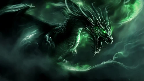 Emerald dragon emerging from swirling dark mist in flight.