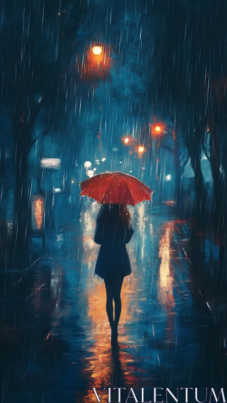 Woman with red umbrella walking alone on rainy city street.