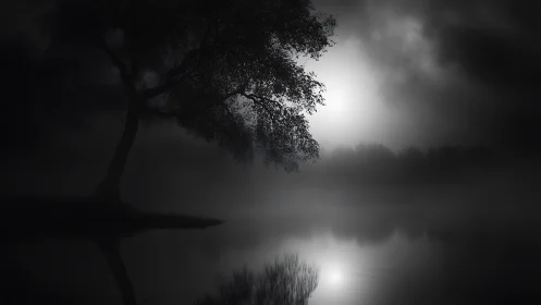 Solitary lakeside tree in moonlit monochrome mistscape.