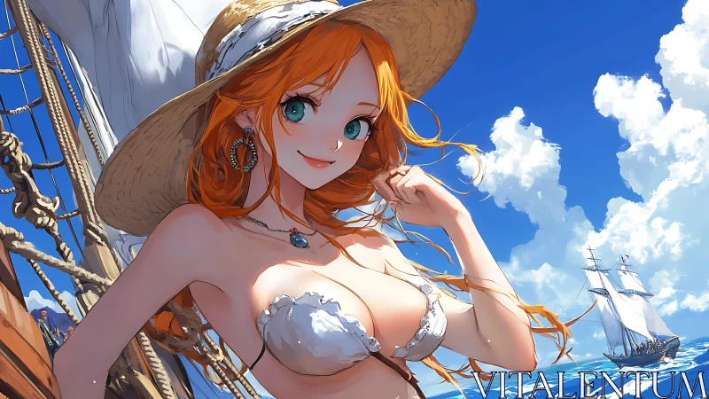 Redheaded sailor girl enjoys bright summer voyage at sea