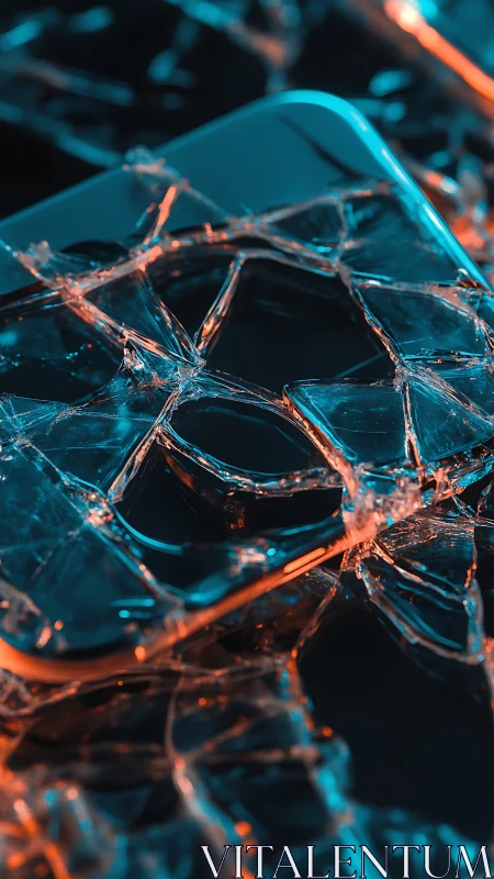 Close-up of shattered smartphone screen under colored light.