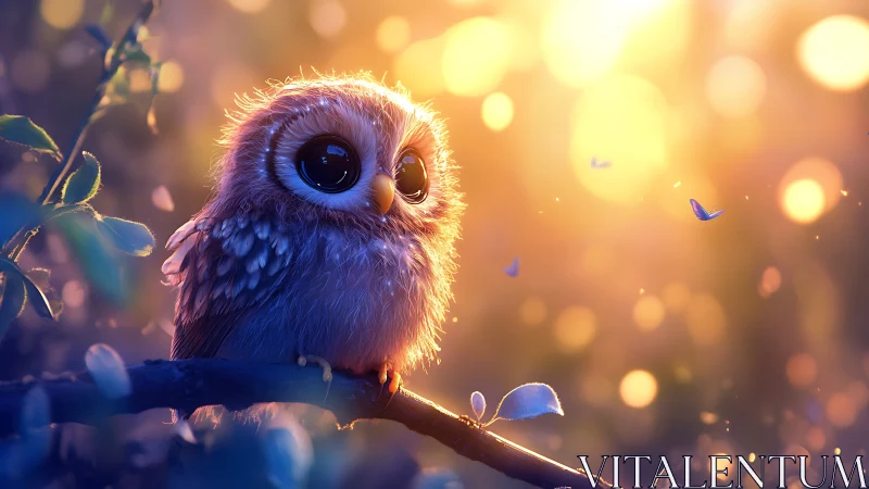 Adorable baby owl on branch in dreamy sunset digital art.