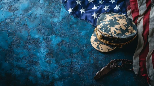 U.S. flag, digital camo officer cap and whistle arranged on textured surface