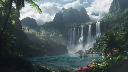 Emerald cascade kingdom pouring into a secret turquoise bay.