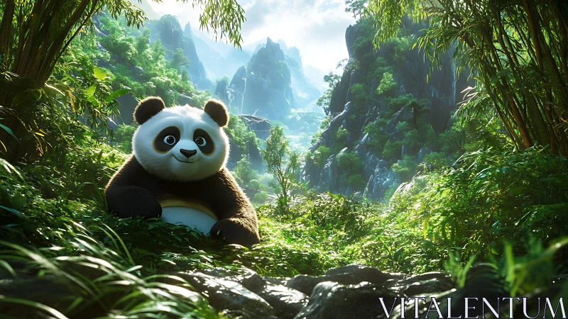 Playful panda resting in a sunlit emerald bamboo valley.