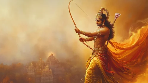 Mythic archer poised above misted temples in warm golden light