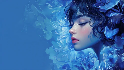 Portrait of serene woman in blue florals, digital painting study
