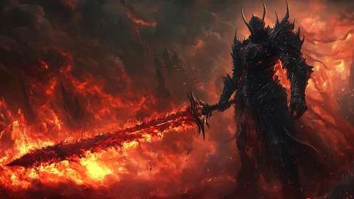 Dark infernal warlord with flaming sword in apocalyptic field.