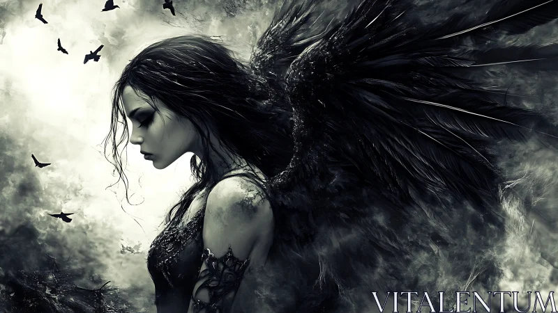 Dark angel with raven wings stands in swirling storm