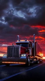 Crimson highway titan under storm-lit ember horizon.