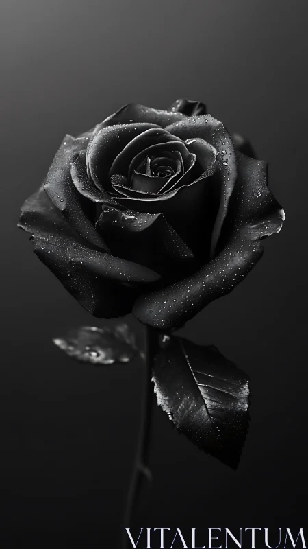 Single black rose with dew drops on petals in closeup view.