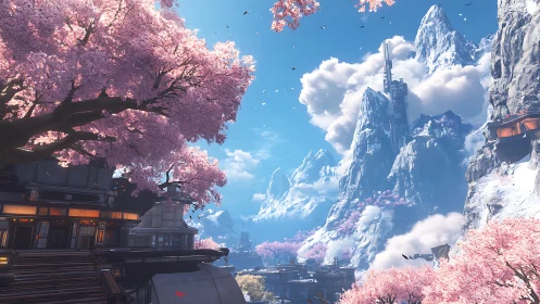 Snowy cyber mountain citadel beneath luminous cherry trees.