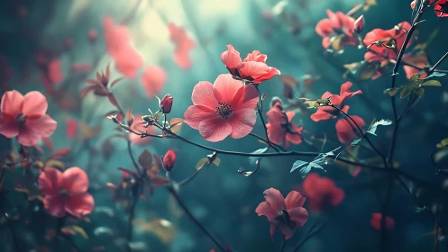 Soft-focus coral blooms with teal atmospheric depth and selective focus