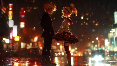 Rain-soaked anime couple under neon-lit bokeh city night.