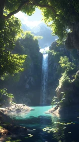 Sunlit jungle waterfall descends into clear turquoise pool