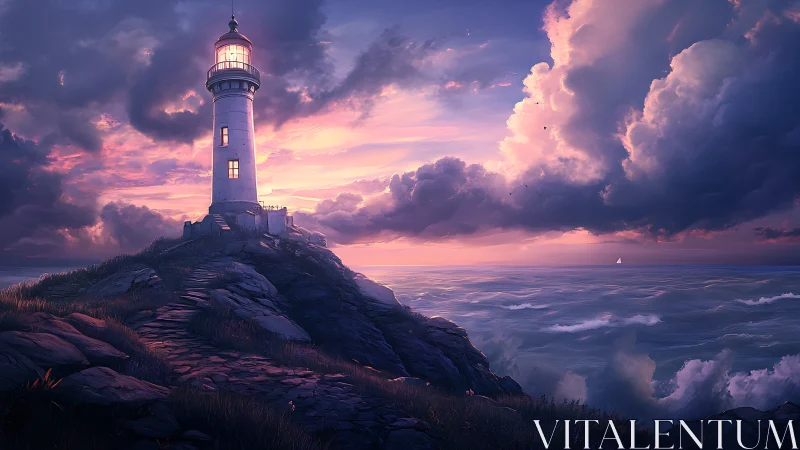 Gentle lighthouse glow over waves at dreamy violet sunset.