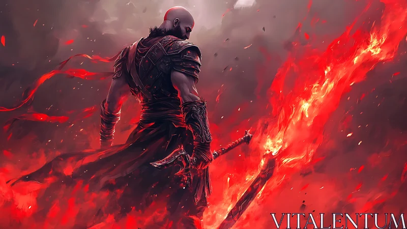 Warrior wields blazing flaming sword amid swirling embers