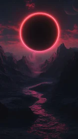 Neon red eclipse over dark alien canyon river glows