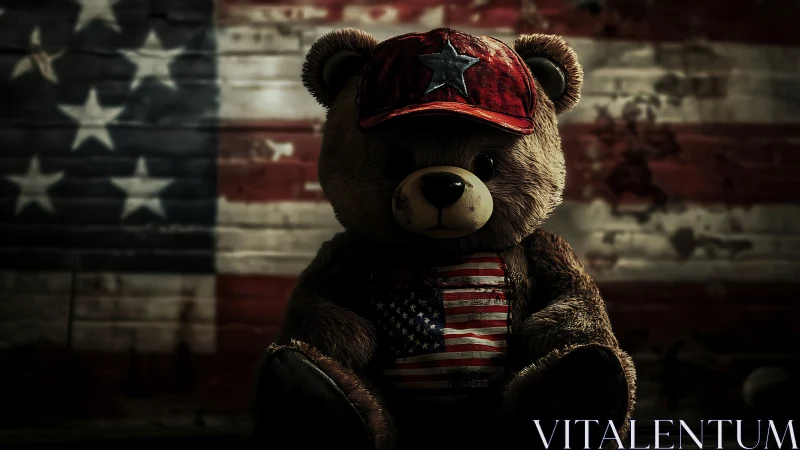 Backlit plush teddy bear with distressed USA motif before flag wall
