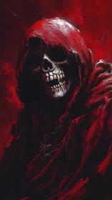 Hooded skeletal reaper emerges from shadow in red shroud