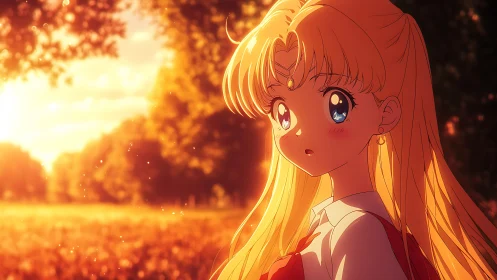 Golden haired anime girl under glowing sunset trees.