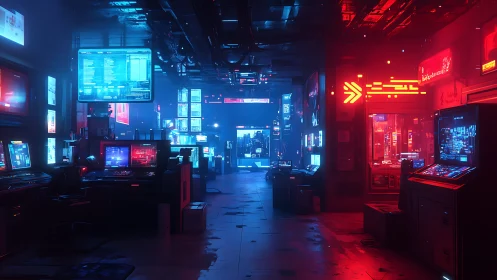 Cyberpunk control room corridor with neon computer workstations