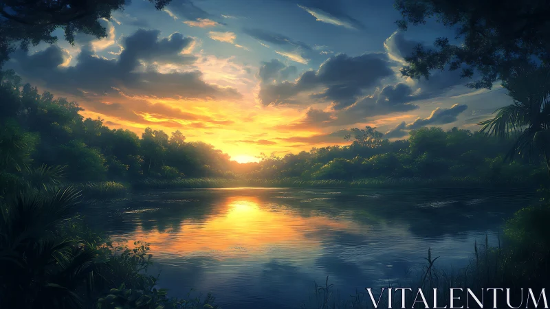 Sunlit river sunrise reflects vivid cloud-drenched sky.