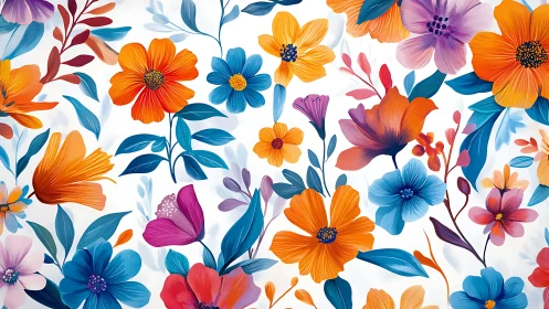 Vibrant Botanical Floral Pattern with Multicolored Blooms Against White.
