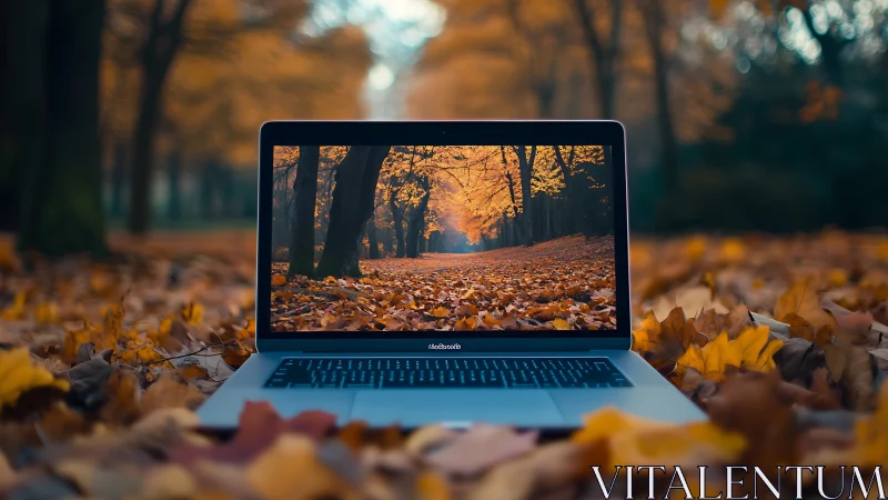 Laptop on autumn leaves showing matching forest scene.