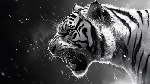 Monochrome tiger profile with bared teeth in side view.