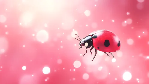 Ladybug hovers against luminous pink bokeh background