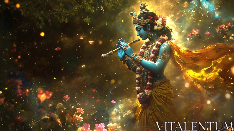 Divine blue musician plays a golden flute in glowing garden