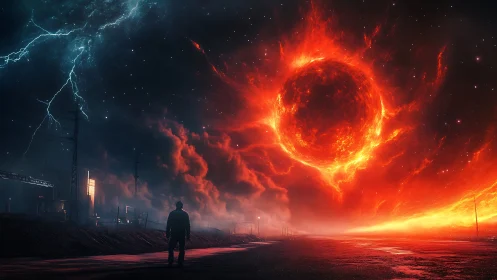 Man observing apocalyptic fiery sun over industrial horizon.
