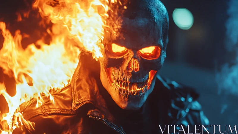 Incandescent flaming skull rider in thermo-luminous leather armor.