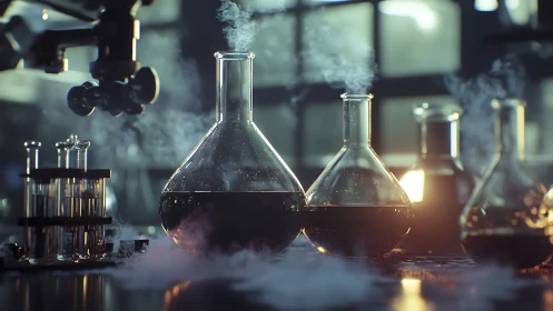 Steaming laboratory flasks hold dark liquid under soft light