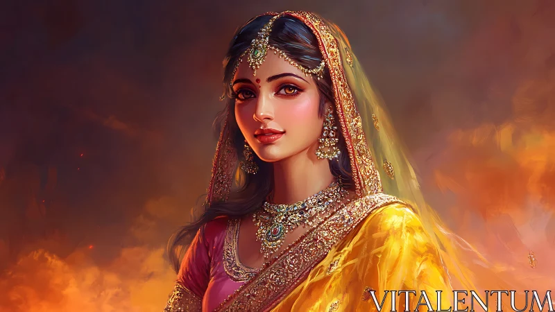 Digital painting of ornate bridal portrait with warm bokeh glow.
